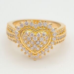 Gold Tone Heart Halo Ring | Pavé CZ Statement Ring | Romantic Sparkle Size 7.5